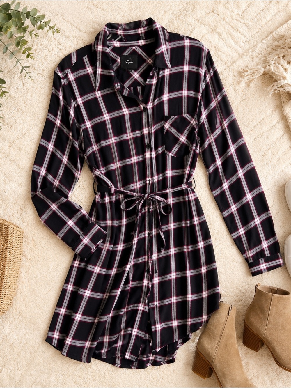 Rails Plaid Shirt Dress with Tie Waist - Black/Pink XL